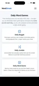 wordstreak daily word games menu list