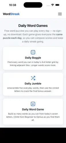 wordstreak daily word games menu list